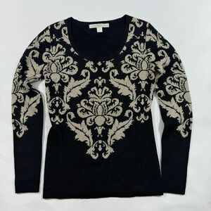 Boston Proper Damask Print Sweater Black Gold